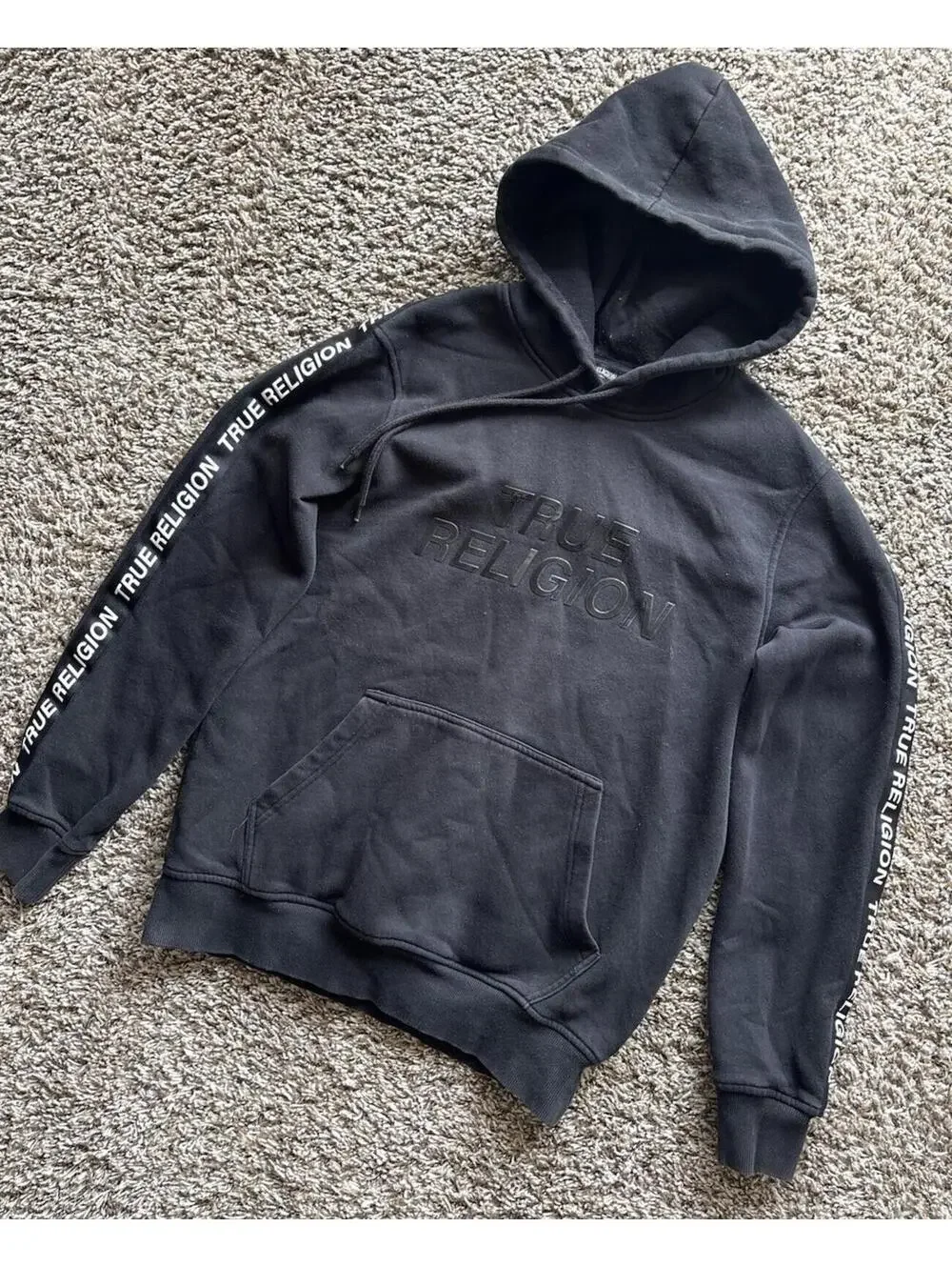 True Religion Silicone Tape Black Spellout Hoodie Pullover Size Small